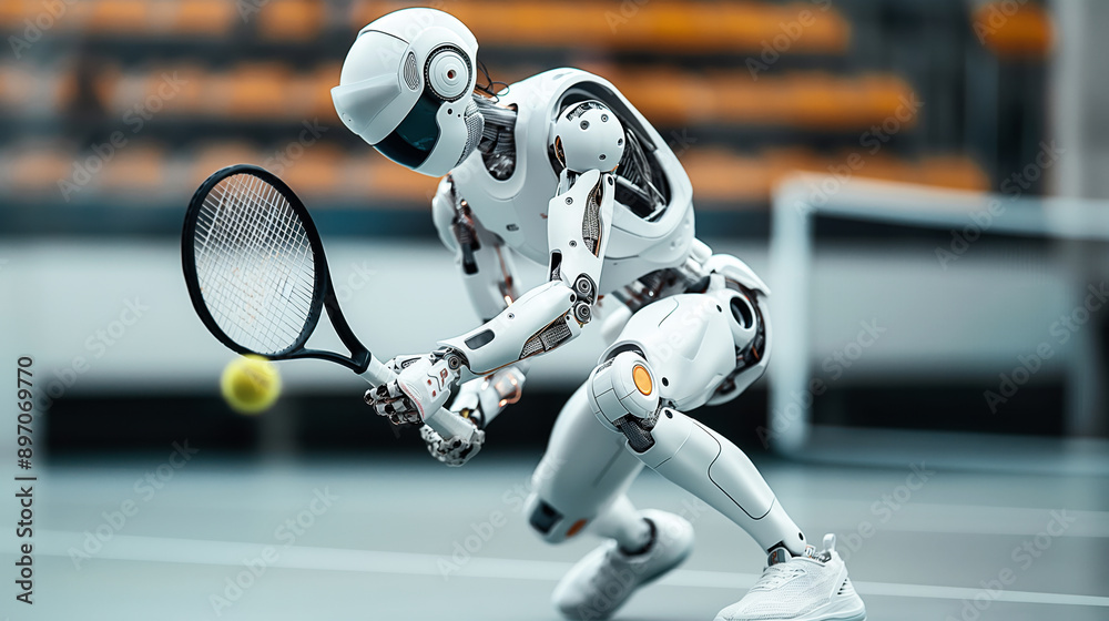 Sticker A futuristic humanoid robot playing tennis, swinging a racquet to hit a tennis ball on an indoor court.