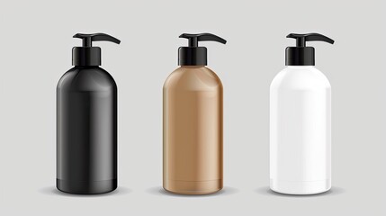 Isolated vector of realistic 3D pump bottles in white, black, and brown, representing versatile and elegant product packaging for health and beauty items.