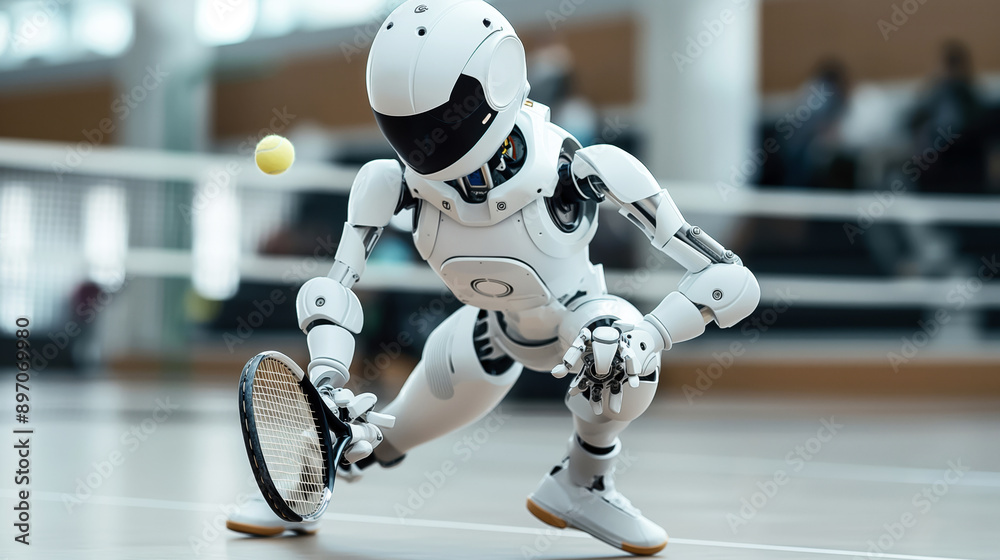 Sticker Humanoid robot playing tennis indoors, holding a racket and preparing to hit a ball in a sports facility or tennis court.