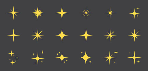 Shine or sparkle vector set of eighteen different stars in yellow color on black background. Sparkle star icons. Shine icon. Stars sparkle doodles vector.