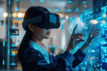 Businesswoman interacting with virtual reality interface, exploring spatial computing technology in a futuristic digital environment.