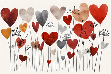 A vibrant illustration of various heart and flower shapes in dynamic colors and whimsical formations, arrayed on a white background highlighting the beauty and diversity of love.