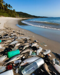 Concetto di inquinamento del mare e degli oceani, rifiuti non biodegradabili sulle spiagge e litorali