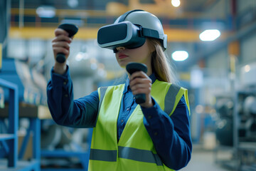 An female engineer in a factory uses virtual reality technology, wearing a VR headset and controllers, to enhance industrial operations and safety. 