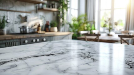 Close-up of a Marble Kitchen Countertop with Blurred Background
