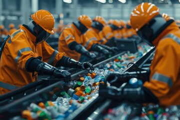Workers adorned in orange protective gear and safety helmets sort through various recyclable materials on a conveyor belt at a recycling facility, emphasizing sustainability and waste management.