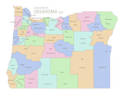 Counties of Oregon, administrative map of USA federal state. Highly detailed color map of Oregon American region with territory borders and counties names labeled vector illustration