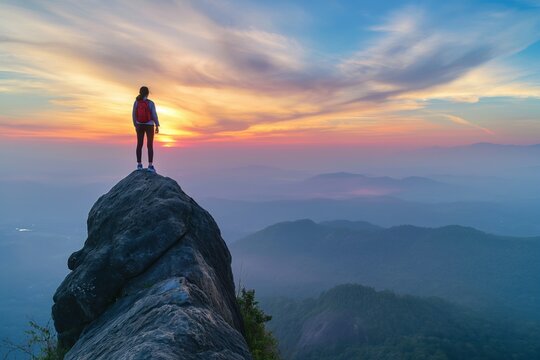 Photo of a woman hiking with a backpack and standing on top of mountain and looking at beautiful view, concept of success in hiking or trekking, copy space for text.