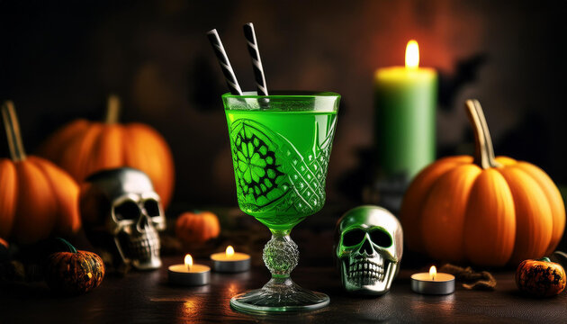 UM COQUETEL DE HALLOWEN DISPOSTOS EM MESA TEXTURIZA PRETA FUNDO DESFOCADO ASSUSTADOR E FANTASMAG&Oacute;RICO 