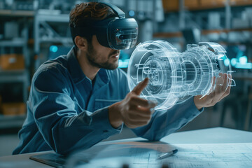A male engineer wearing a VR headset interacts with a detailed holographic model, demonstrating advanced virtual reality technology for holographic modeling in an industrial environment. 