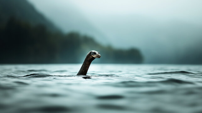 Creature resembling the Loch Ness Monster or plesiosaur with neck above water surface in misty, eerie lake surrounded by hills.