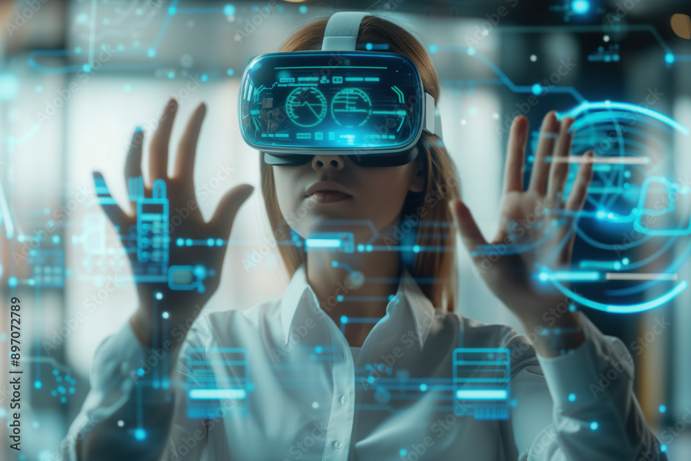 Wall mural portrait of woman using a virtual reality headset to interact with a digital interface, showcasing s