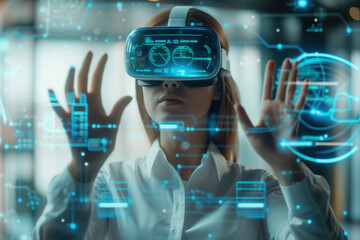 Portrait of woman using a virtual reality headset to interact with a digital interface, showcasing spatial computing technology and futuristic innovation.