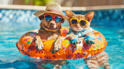 A dog and cat wearing sunglasses and hats relax on a colorful float in a swimming pool under the sun. Perfect summer vibe.