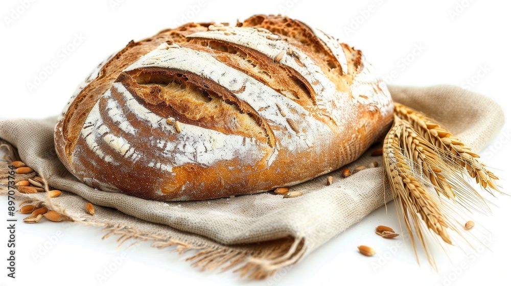 Poster a freshly baked loaf of wheat bread sits on a rustic linen cloth with wheat stalks, ready to be enjo