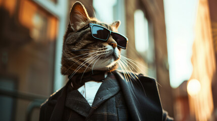 Stylish cat wearing sunglasses and a suit, standing outdoors with a blurred background of buildings. Cool and trendy feline fashion.