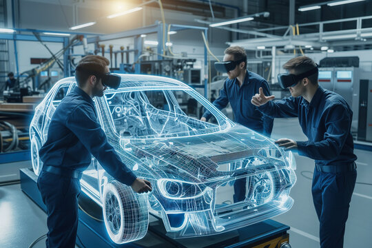 Three engineers wearing VR headsets interact with a holographic car model, showcasing advanced virtual reality technology in automotive design.  - Powered by Adobe