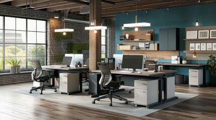 A modern office workspace with two desks, chairs, and file cabinets. The desks are situated near large windows, which provide natural light.
