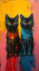 Two sleek black kittens sit on a vibrant red and yellow backdrop, their large, deep blue eyes standing out in stark contrast, creating a lively and energetic scene.