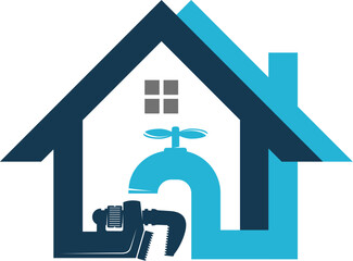 Plumbing wrench, faucet and house silhouette. Plumbing repair symbol