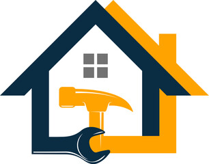 Wrench, hammer and house silhouette. Symbol for repair and construction