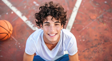 an attractive young man with short hair playing basketball on the court and smiling at the camera. He is holding a ball in his hands