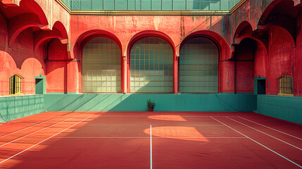 Fototapeta premium A Classic Tennis Court with Green and Red Tracks, Central White Court, Orange Walls, and a Semicircular Portal, Set Against a Hilltop View and Clear Blue Sky