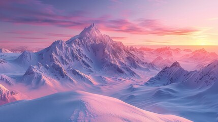 Snow-capped mountains bathed in a pink and orange sunset.