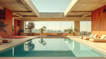 Modern Indoor Swimming Pool with Clear Water, Lounge Chairs, Large Windows, and Skylight