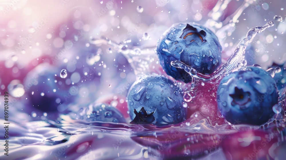 Sticker Fresh blueberries splashing in water. High resolution food photography. Perfect for health, nutrition, or summer themed projects. Vivid colors and textures make the image stand out. AI