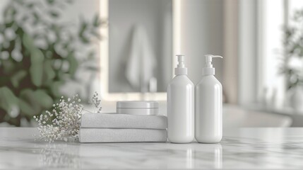White Bathroom Products with Towel and Flowers on Marble Countertop