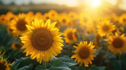 Fototapeta premium Rows of sunflowers standing tall, turning towards the summer sun.