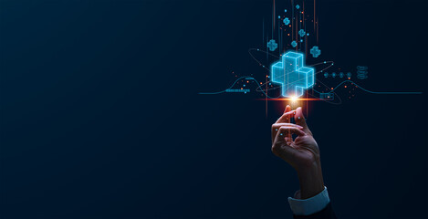 Businessman holding virtual blue plus sign to offer positive thing with thinking mindset or...