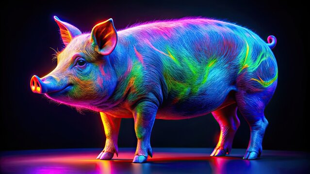 Vibrant psychedelic UV neon pig standing out in blacklight , neon, glowing, colorful, psychedelic, pig, UV, blacklight