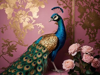 Elegant design featuring gold peacocks and pink flowers. Ornate decorative wallpaper. High contrast