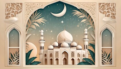 Ramadan Kareem. Eid Mubarak. Vector aesthetic illustration of crescent moon, mosque, lantern, window, frame, background, ornament, tropical leaf for greeting card, invitation or poster in beige muted