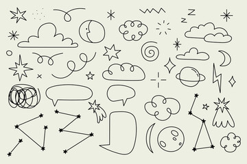 Vector collection of night sky doddles: stars, clouds, moon, constellations etc
