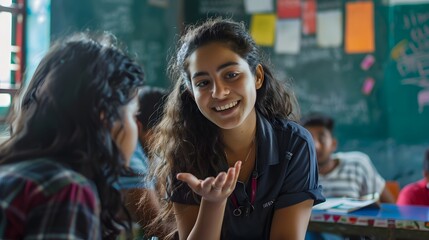 Happy students engaging in conversation during class in a vibrant classroom setting, fostering learning and friendship.