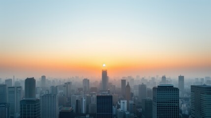 Fototapeta premium City Skyline with Sun Rising Behind Skyscraper. Sunrise behind a prominent skyscraper in a city skyline, casting a warm glow over the urban landscape.