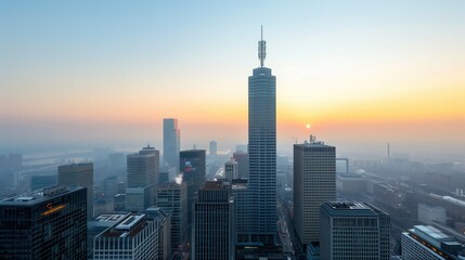 Obraz premium Sunrise Over Skyscrapers and Cityscape. Panoramic view of skyscrapers and cityscape at sunrise, showcasing modern urban architecture bathed in morning light.