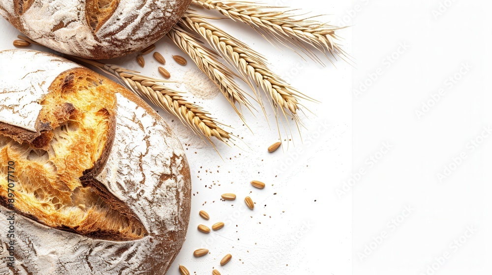 Poster a freshly baked loaf of wheat bread sits on a white background with wheat spikes and seeds scattered
