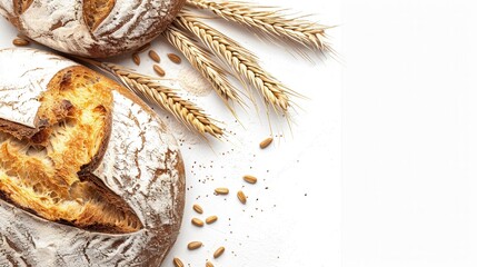 A freshly baked loaf of wheat bread sits on a white background with wheat spikes and seeds scattered around it. Generative AI