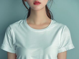 Fototapeta premium A woman posing for a photo while wearing a white t-shirt