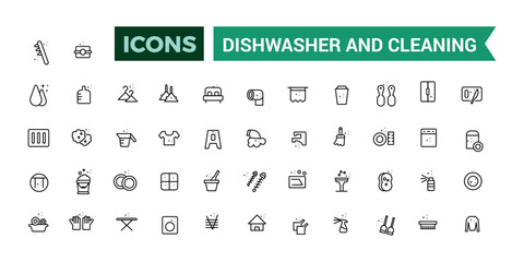 Dishwasher and cleaning icons set. Outline icons pack. Editable vector line icon set and illustration for web and UI application.