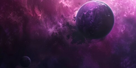 Cosmic Purple Planet in Space. Deep Space Fantasy Poster. Astronomy Banner