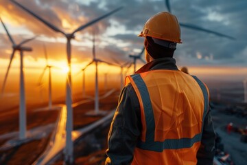 A worker in a hard hat and orange vest stands on a site with multiple wind turbines in the background, observing the renewable energy machinery as the sun sets.