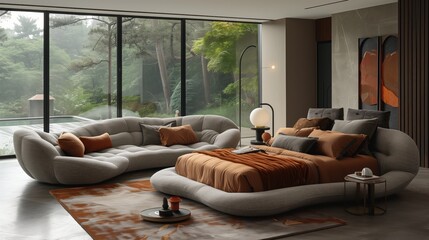 Modern Bedroom with Curved Furniture and Forest View. Stylish modern bedroom featuring curved furniture, floor-to-ceiling windows with a forest view, and warm earth tones.
