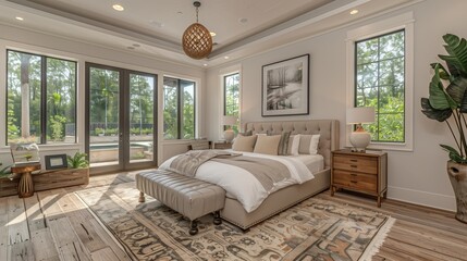 Modern Bedroom with Natural Light and Neutral Tones. Modern bedroom featuring large windows, neutral tones, and natural light, offering a bright and serene ambiance.
