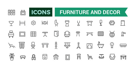 Furniture and Decor icons collection. Outline icons pack. Editable vector icon set and illustration for web and UI.