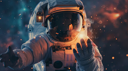 Close-up of an astronaut reaching out towards a glowing time portal